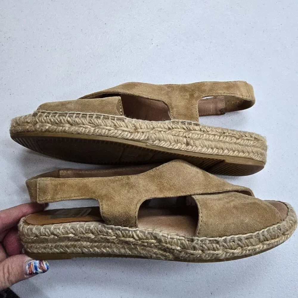 Kanna Tan Suede Espadrille Sling Back Wedge Sandal Peep Toe Spain Made 36 US 6
